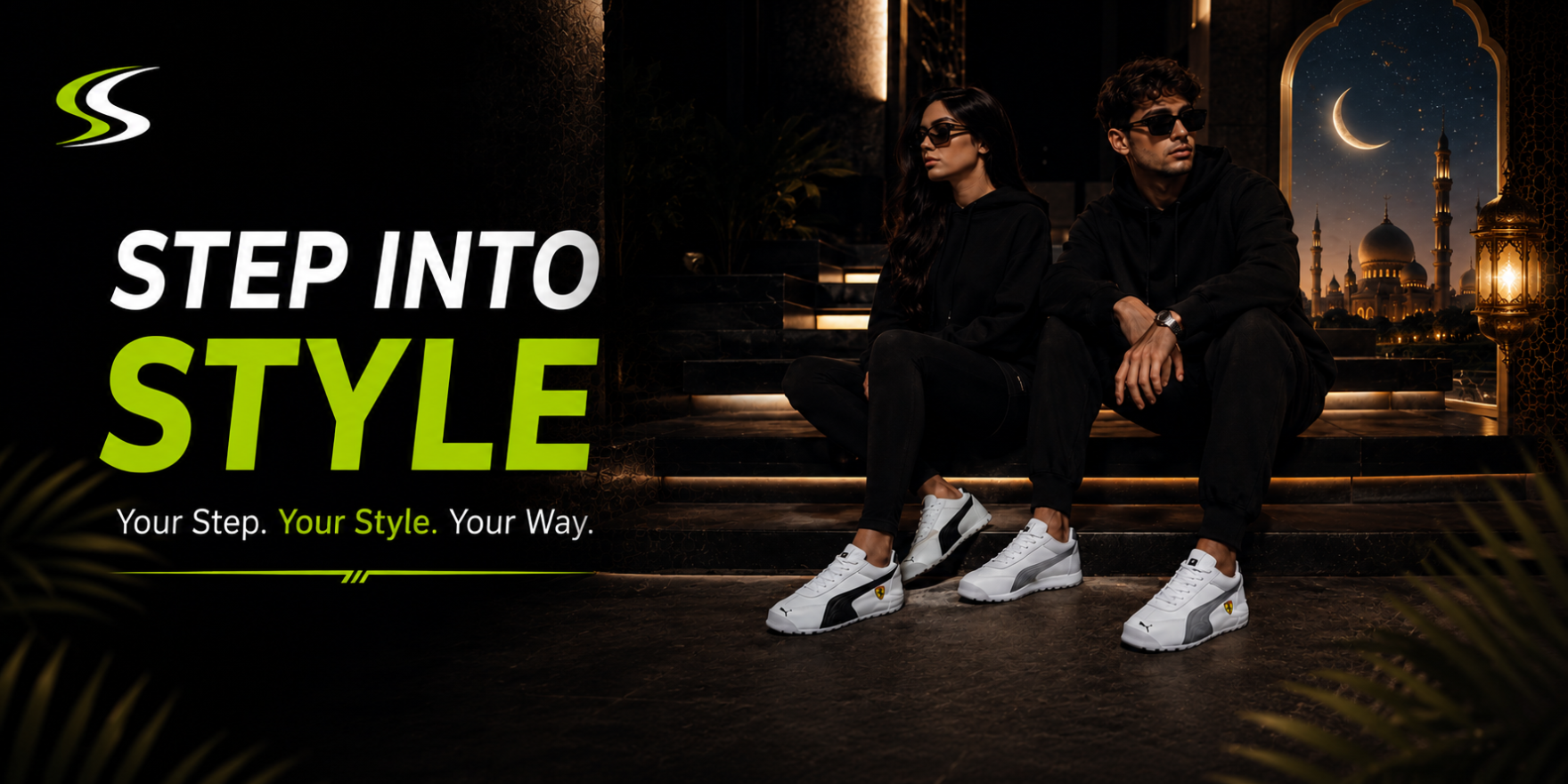 Two people sitting on a bench with a cityscape in the background, featuring the text 'Step into Style' and brand logo.